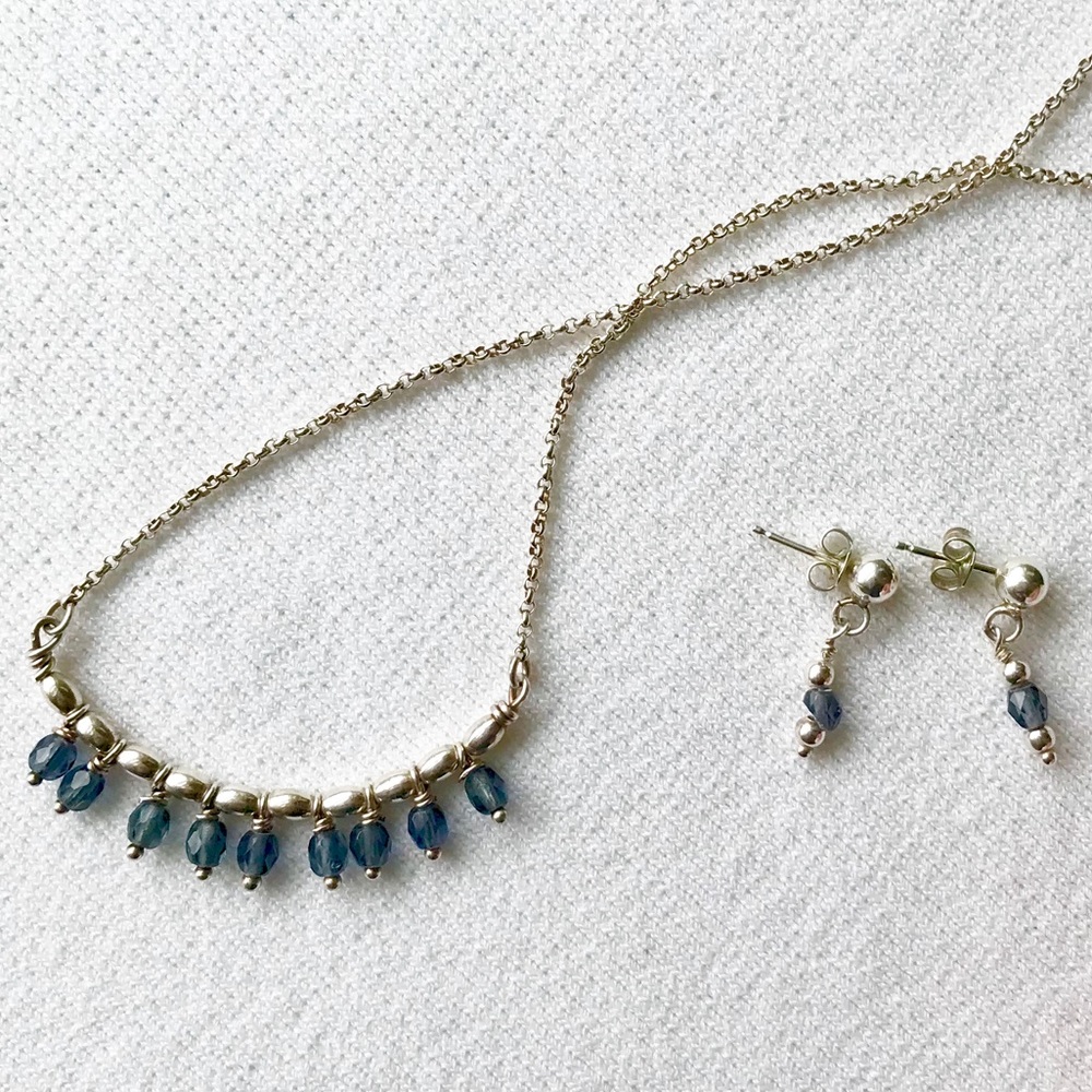 .925 Silver & sapphire bead necklace & earring set